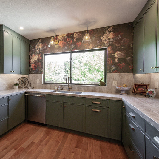 Black Floral Wallpaper, A Golden Age Wallpaper by Ellie Cashman, in kitchen with green cabinets.
