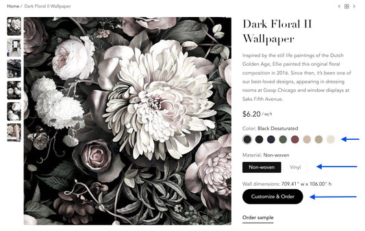 Preview of Dark Floral II wallpaper design with pricing, color, material and customization options on Ellie Cashman Design website.