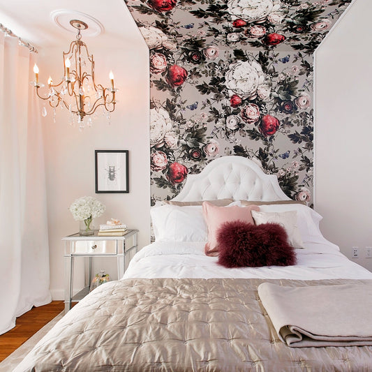 Beige Floral Wallpaper in a bedroom with chandelier and decorative elements.