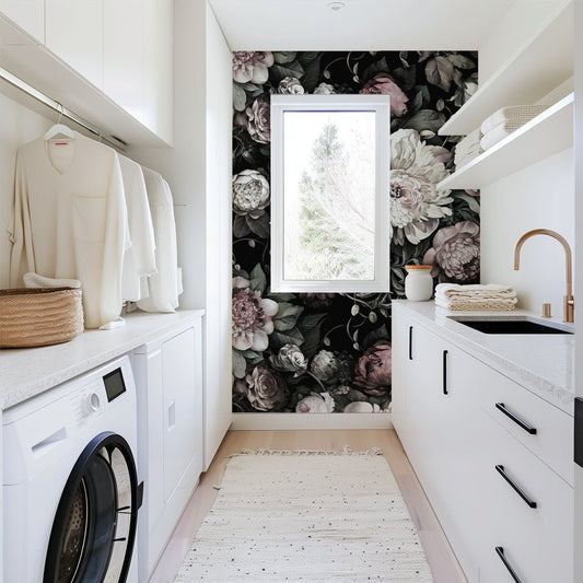 Dark Floral II Wallpaper by Ellie Cashman Design in laundry room