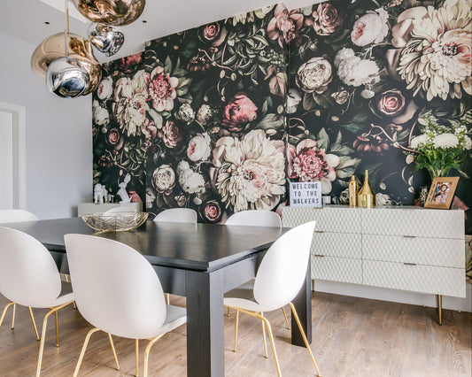 Dark Floral II Wallpaper in dining room with modern furniture.