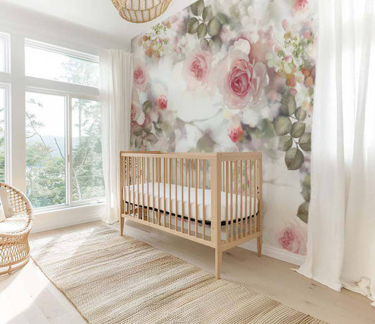 Pink Floral Wallpaper 'Incandescent Rose Wallpaper' by Ellie Cashman Design on nursery wall.