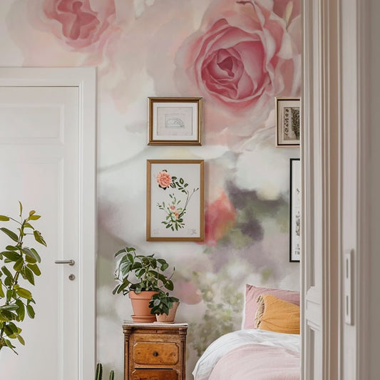 Incandescent Rose Wallpaper - wallpaper on bedroom wall wihh paintings and bedside table