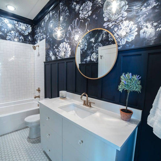 Moonlight Meadow Wallpaper in bathroom dark woodpanelling and white tiles.