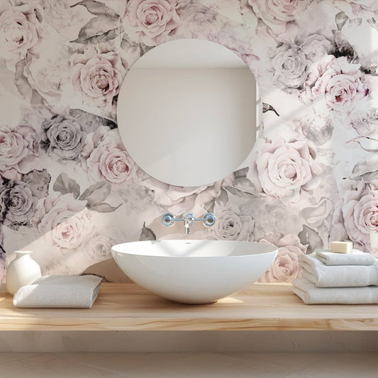 Pink Floral Wallpaper 'Rose Decay Wallpaper by Ellie Cashman Design' with mirror and sink.