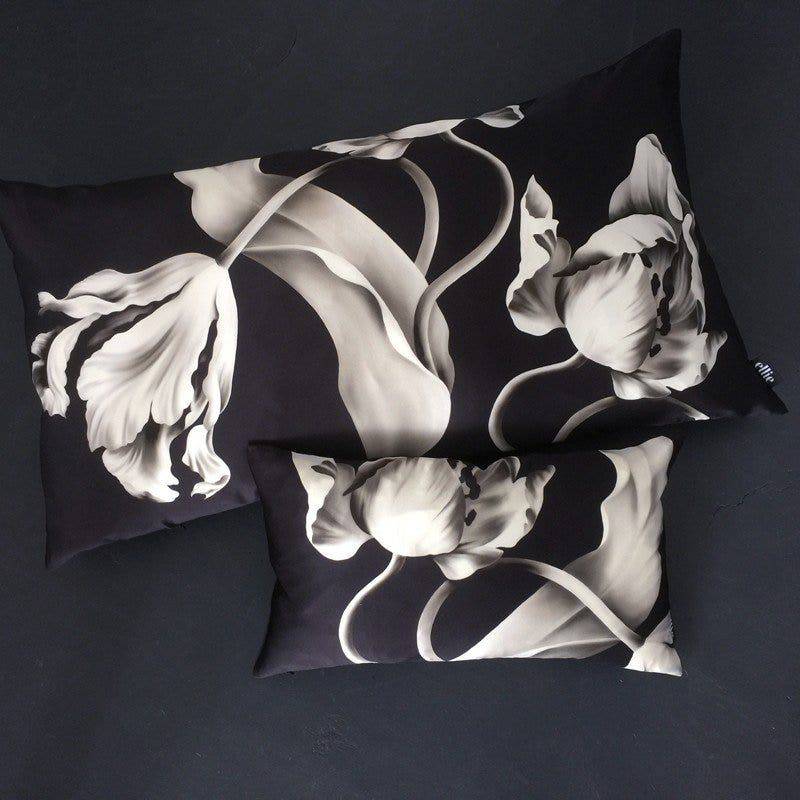 Twisting Tulips on Silk Satin Cushion (50 x 30 cm) - cushions - Ellie Cashman Design