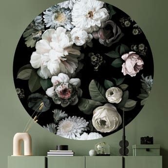 Dark Floral Circle Wallpaper with white peony on green wall above green cabinet