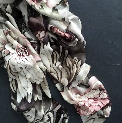 Dark Floral II on Silk Satin Fabric