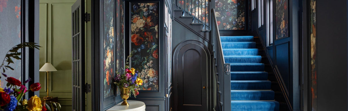 Dark Floral Wallpaper Transforms Entryway & Staircase - Ellie Cashman ...