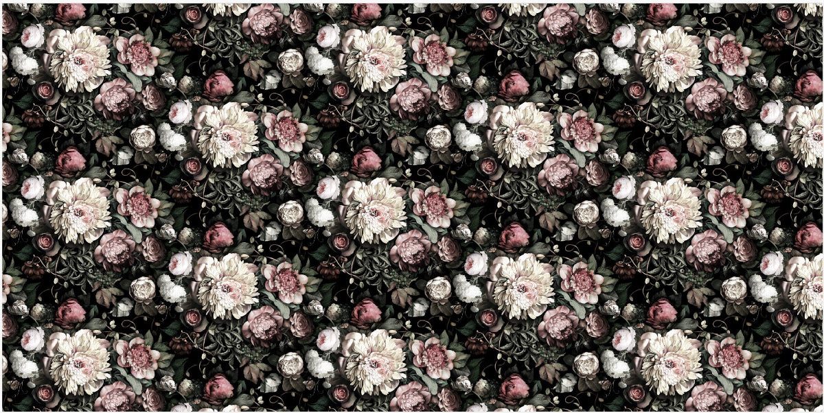 Floral pattern with pink and white flowers on a dark background