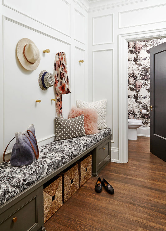 Light hallway and powder room with Summer Squall in Daylight White Wallpaper by Ellie Cashman