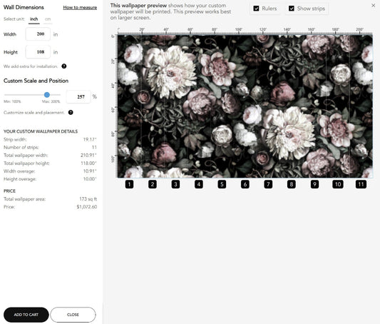 The Ellie Cashman Design Wallpaper Configurator showing a wallpaper preview with customized measurements, scale and positioning.
