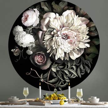 Dark Floral II Circle Wallpaper 142 cm on green wall in dining room above a table with lemons