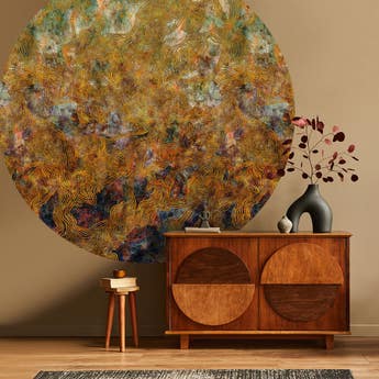Abstract brown circle Wallpaper above wooden cabinet