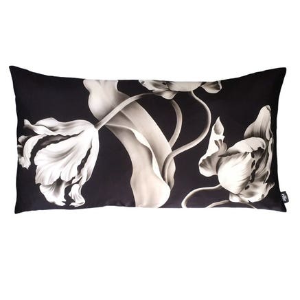 Twisting Tulips Black on Silk Satin Cushion by designer Ellie Cashman