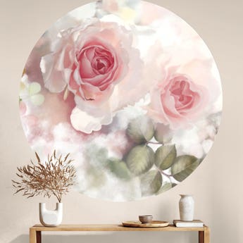 Pink Floral Circle Wallpaper with Roses above cabinet